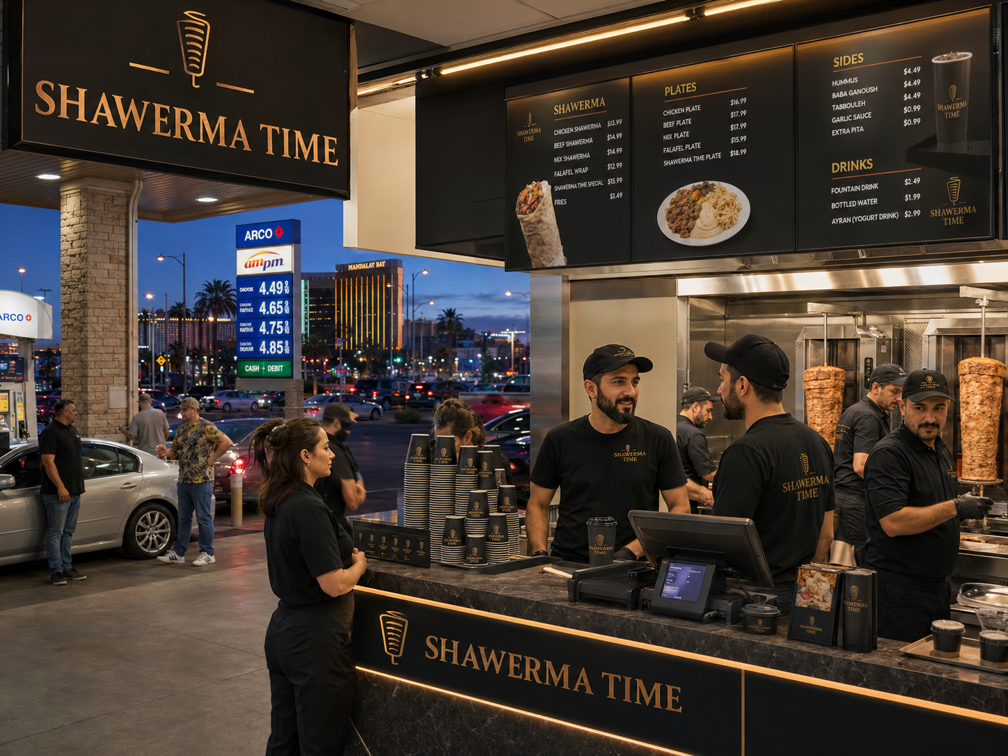 SHAWARMA TIME branch operating at night at an ARCO station