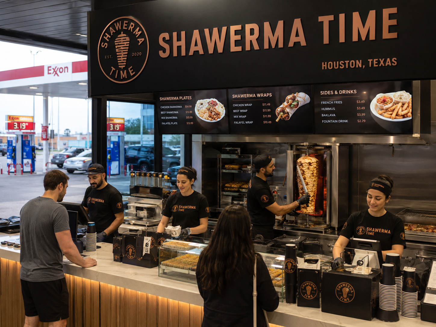 Shawarma Time Houston, Texas counter with full menu and team in service